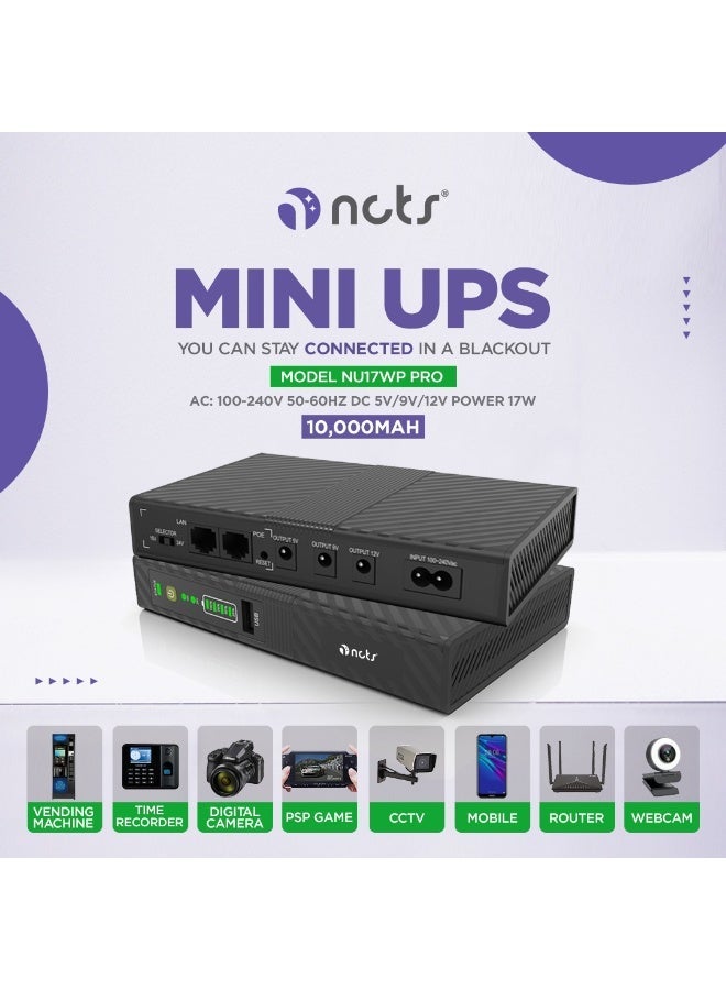 إن سي تي إس جهاز الطاقة الاحتياطية المتعدد الوظائف – NCTS NU17WP PRO Mini UPS مزود بمنفذ POE، بطارية بسعة 10000 مللي أمبير، جهد قابل للتحديد 15V/24V – قدرة 17 واط مزود طاقة UPS احتياطي متعدد الوظائف الرمز العالمي للمنتج (GTIN): 6295151550427 ضمان لمدة سنة واحد - Image 2